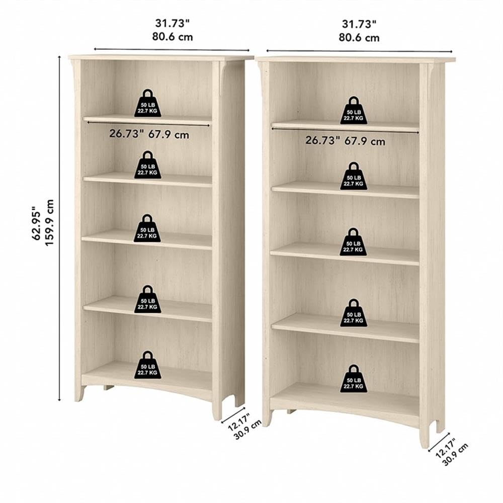 Bush Home Salinas Tall 5 Shelf Bookcase - Set of 2 in Antique White, Vertical Office Storage, Bookshelves for Home Workspace, Multi-Purpose Shelving Units