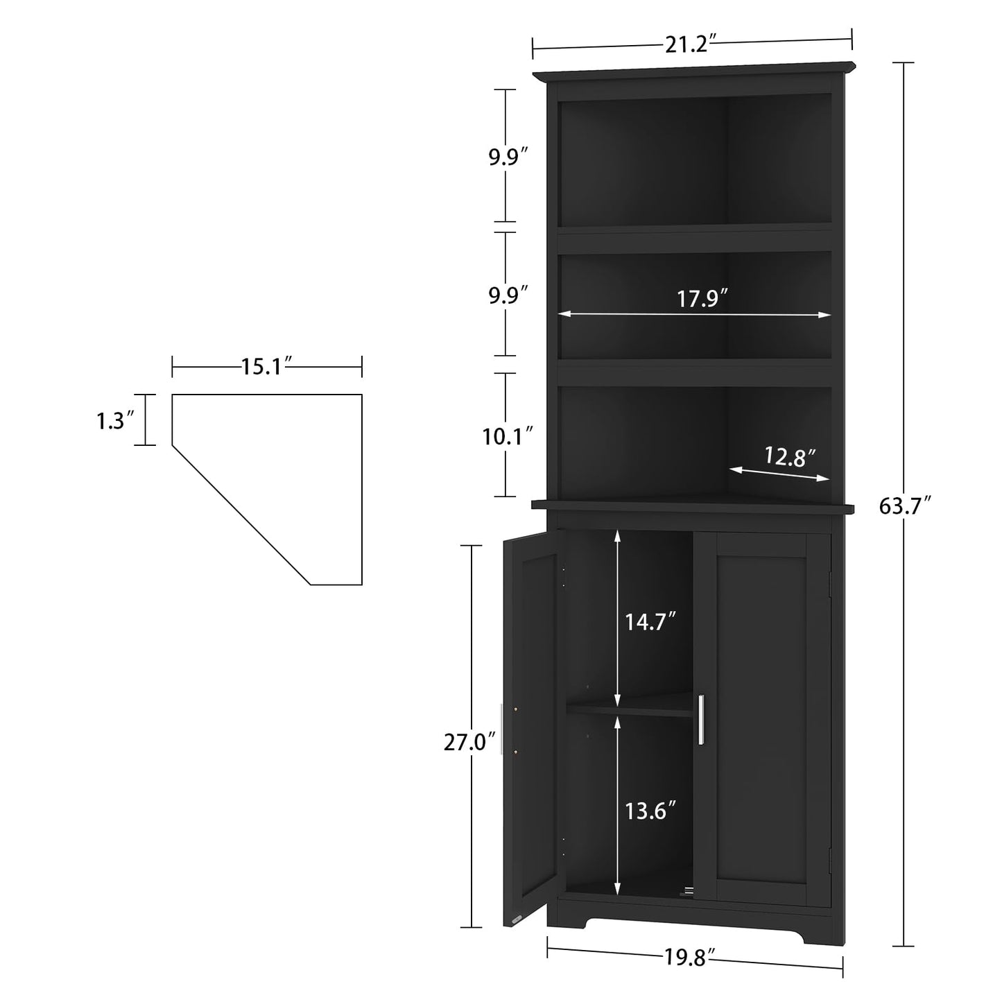 TEENFON Corner Cabinet, Tall Corner Hutch with 5 Shelves & 2 Doors, Bathroom Cabinet with Adjustable Shelf, for Living Room, Kitchen, Bathroom, Black