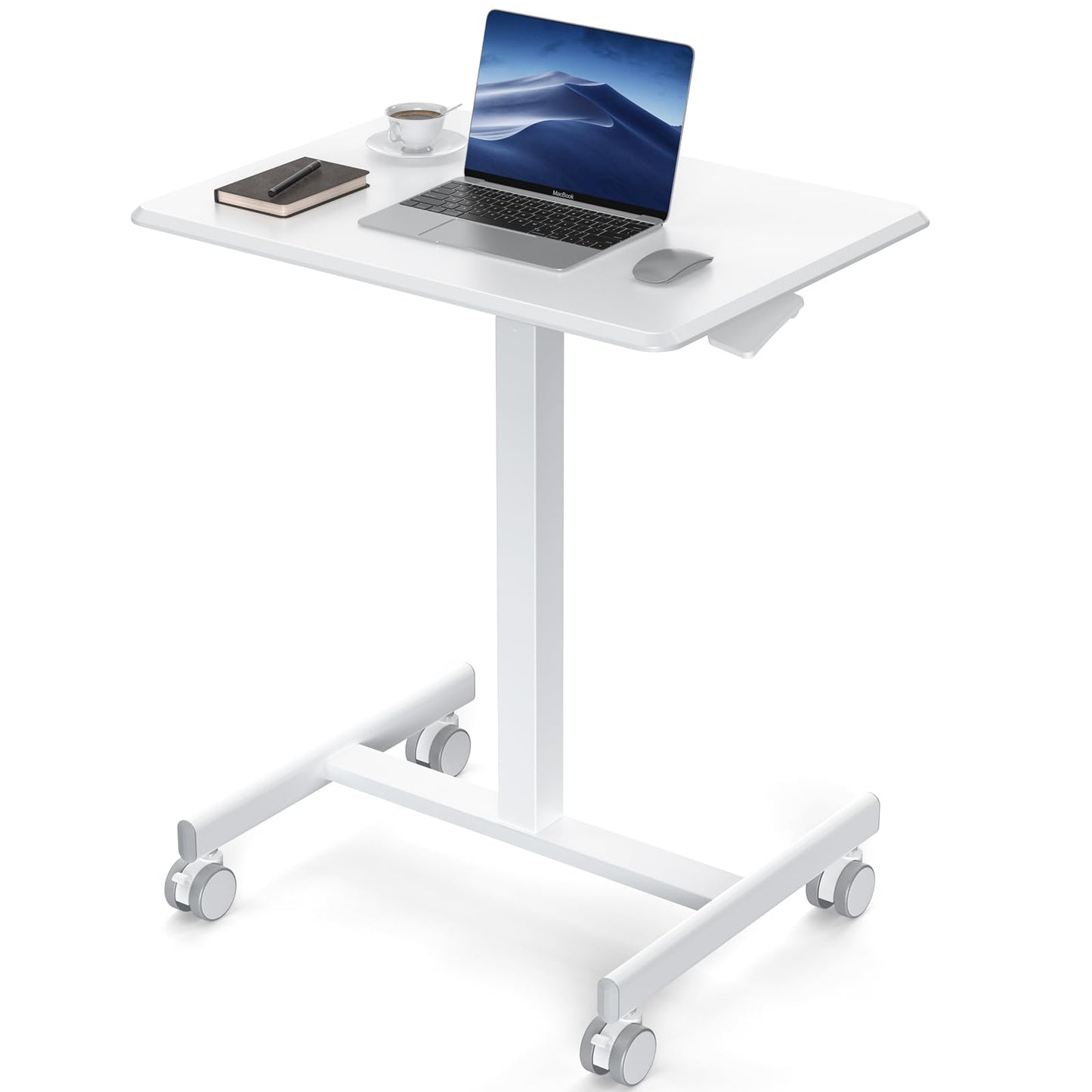 DUMOS Small Standing Desk Mobile Portable Rolling Laptop PC Table on Wheels Adjustable Height Computer Workstation for Home Office, Compact Small Space, Easy Assembly, 19 Inch, Modern White