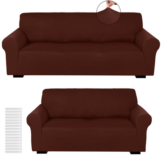 Peryiter 2 Pcs Sofa Covers Couch and Loveseat Covers Set Stretch Sofa Slipcover for Living Room Armchair Furniture Protector, Wrinkle Proof(Brown,Milk Silk)