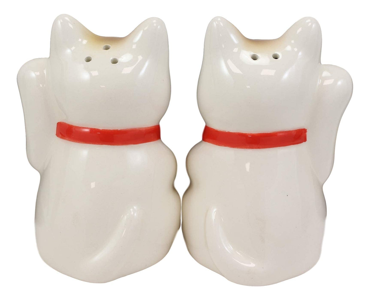 Ebros Gift Ceramic Japanese Auspicious Maneki Neko Lucky Cats Salt And Pepper Shakers Magnetic Feline Cat Kittens Figurine Set 3.5"Tall Kitchen Counter And Dining Table Decorative Accent
