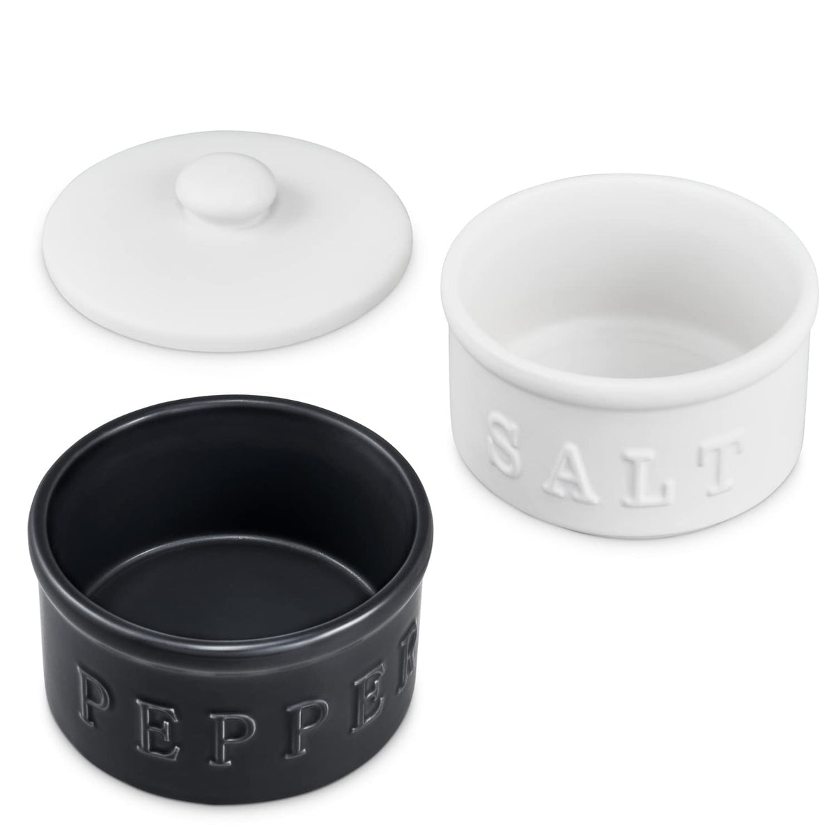 enkiware Salt and Pepper Bowls with Lid, Set of 2 - Stackable Rustic Farmhouse Decor for Your Kitchen - Containers and Boho Tabletop Accessories for Home - Ceramic Seasoning Holder for the Counter