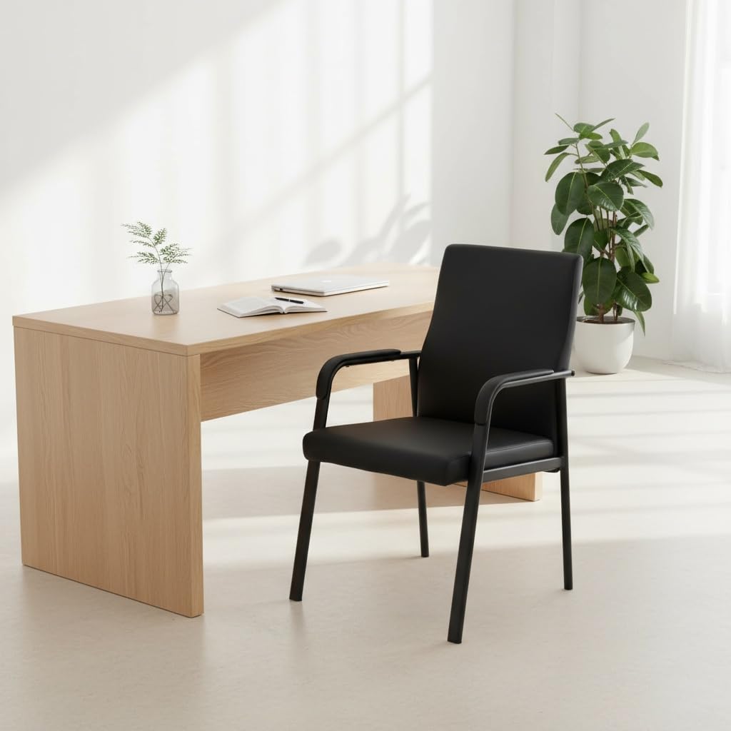 SLKJChr Leather Office Guest Chair, Guest Conference Room Chair, 600 LBS Capacity High Back Reception Chair with Padded Armrests, No Wheels, Black - 1 Pack