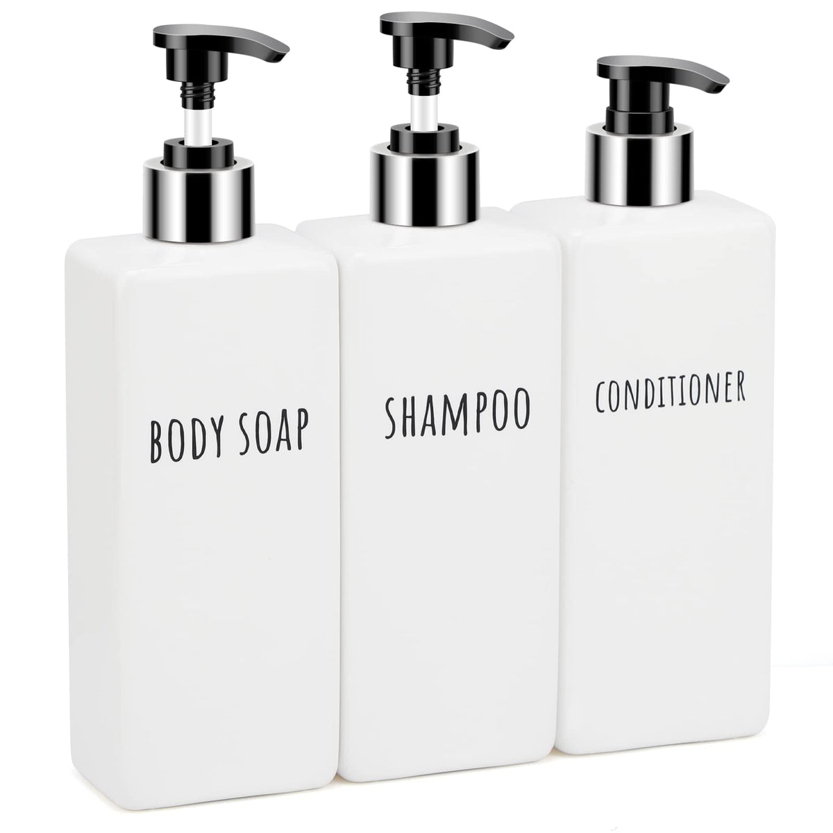 Segbeauty Square Soap Dispenser Refillable, 3pcs 16.9oz Plastic Pump Bottles, 500ml Empty Reusable Modern Bathroom Kitchen Liquid Container Set for Dispensing Shampoo Conditioner Body Soap White