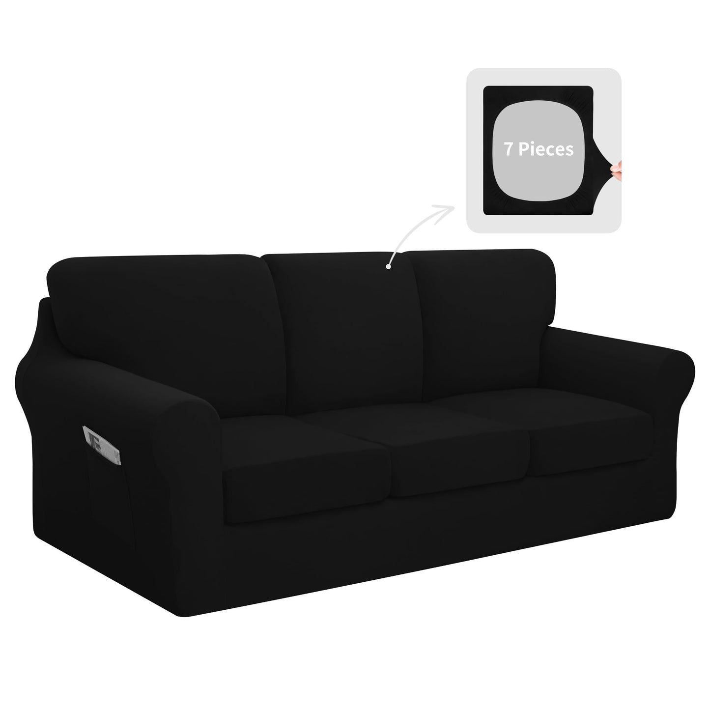 Easy-Going 7 Pieces Stretch Couch Cover Washable Sofa Cover Set for 3 Backrest and Seat Cushion Couch Anti-Slip Sofa Slipcover Furniture Protector with Elastic Bottom (Large, Black)