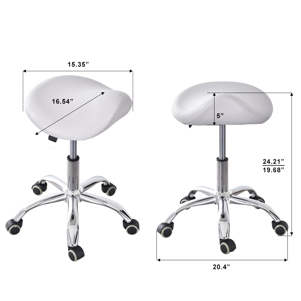 CAISHI Ergonomic Saddle Rolling Stool for Salon Office Bar Tattoo Lash Tech Manicure Kitchen Hygienic Home Eyelash Artist Spa Metal Stool with Wheels Adjustable Seat Chair,White