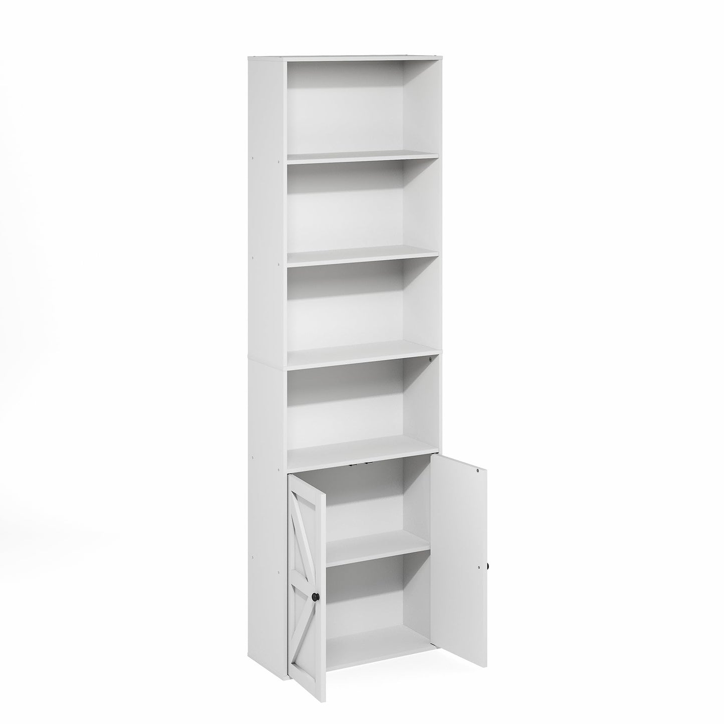 Furinno Jensen Book Shelf, 6-Tier Farmhouse Bookshelf, Display Bookcase with Doors, 9.2" x 21.6" x 71.2", for Organization and Storage, for Living Room, Bedroom, Home Office, White