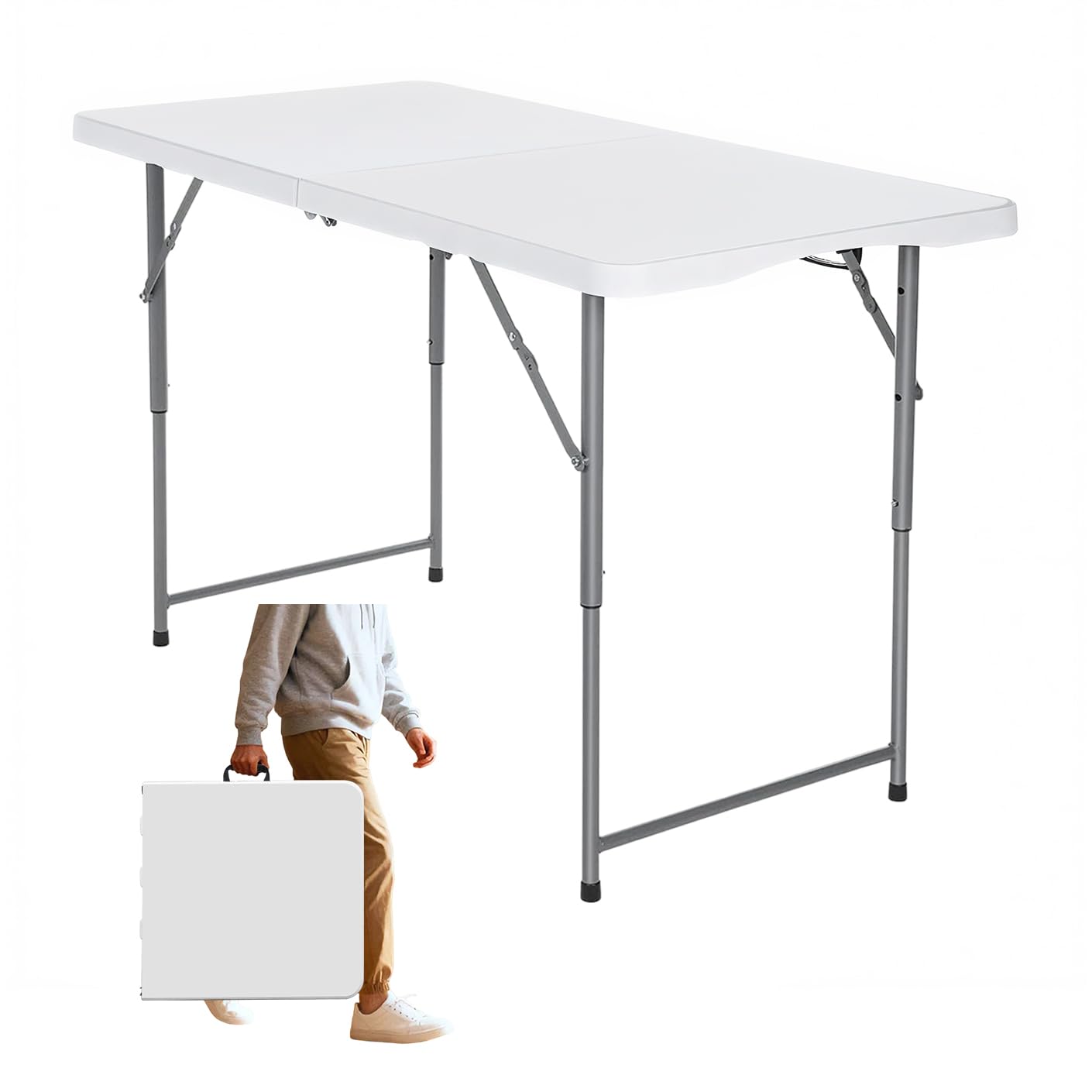 Vampire Killer FoldingTable 4 Foot Portable Heavy Duty Plastic Table and Adjustable Height Folding with Carrying Handle,Indoor Outdoor with Kids Table, Picnic,Party,Camping White