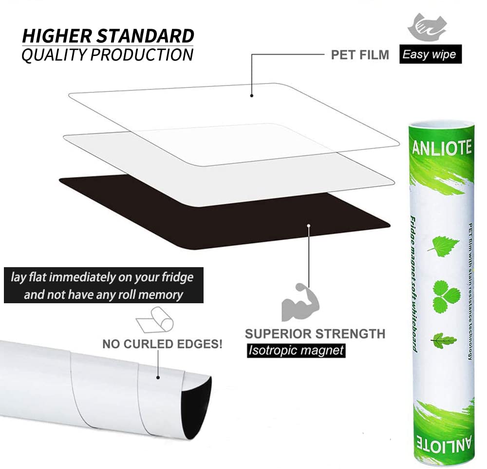 ANLIOTE Magnetic Dry Erase Board Fridge Whiteboard Sheet 17"x11", Easy to Write and Clean, Flexible Refrigerator White Board for Home Kitchen Memo Shopping List, 2 Marker Pens and Eraser with Magnets