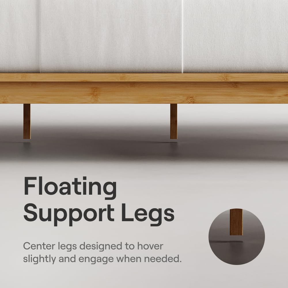 Nectar Bamboo Platform Bed Frame & Headboard - Natural - Queen - Floating Center Support Legs - 12” Height - Easy Tool Free Set Up - Contemporary - Sturdy Wooden Support Slats - Holds Up To 800 Pounds