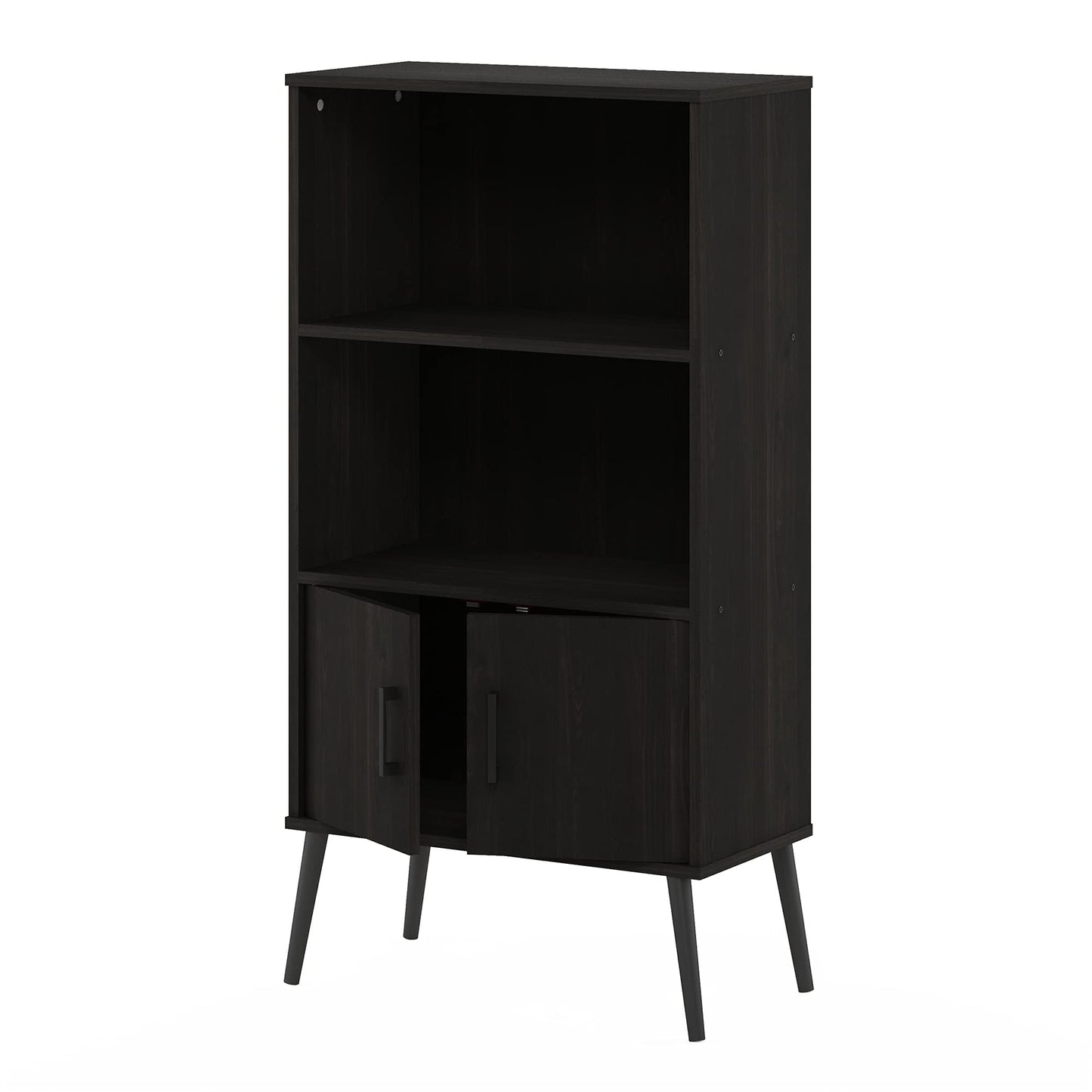 Furinno Claude Mid Century Style Accent Wooden Leg Bookcase Cabinet with Storage Organizer Shelves, Espresso
