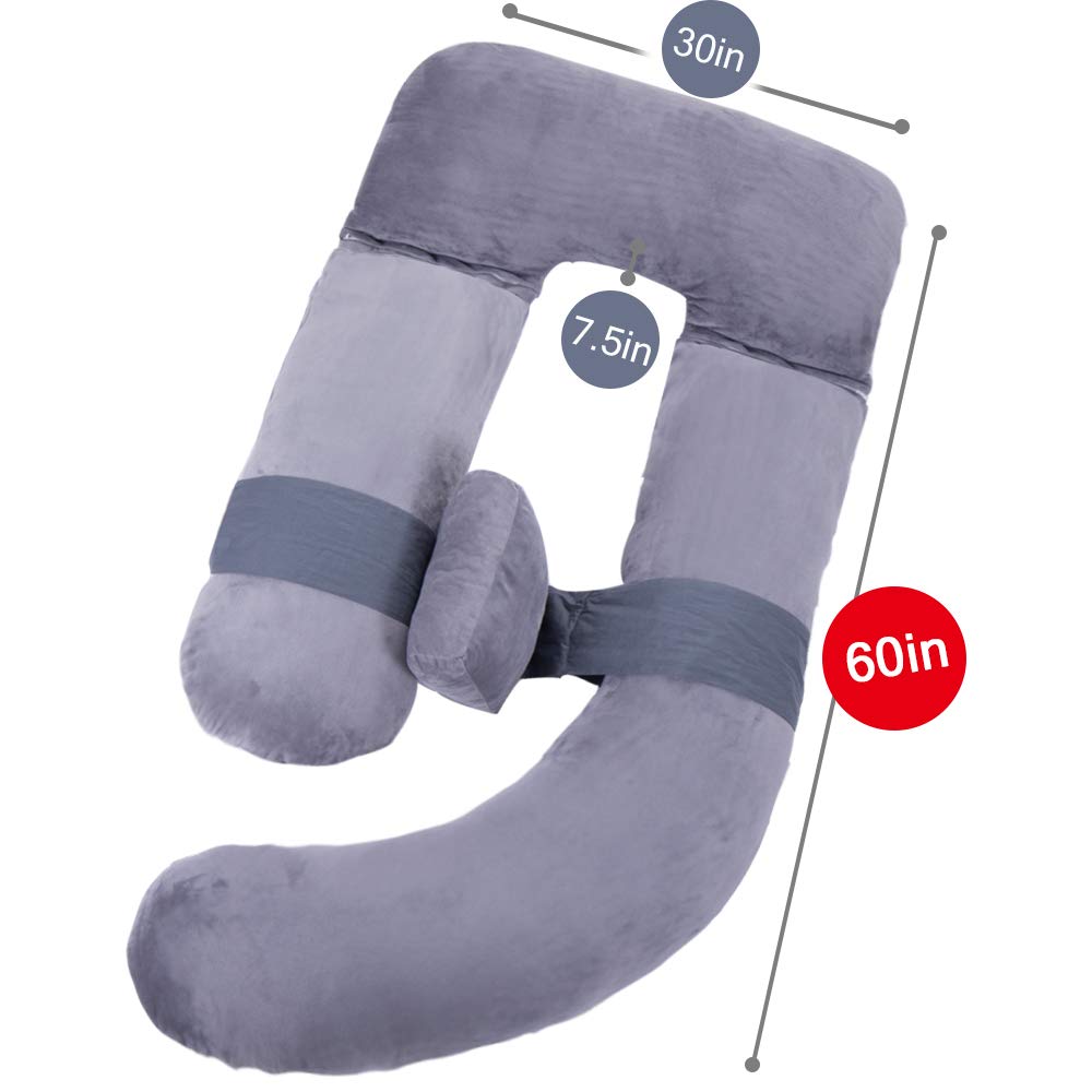 AS AWESLING 60in Full Body Pillow | Nursing, Maternity Pregnancy Body Pillow | Extra Large U Shape Pillow and Lounger with Detachable Side, Separate Support Pillow and Removable Cover (Grey-Jersey)