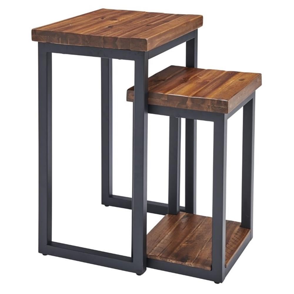 Claremont Rustic Wood Nesting End Tables, Set of 2, Solid Wood and Black-Finished Metal, Large Table 18 in. W x 14 in. D x 26 in. H, Small Table 13.5 in. W x 11.5 in. D x 26 in. H, Drawers and Shelf
