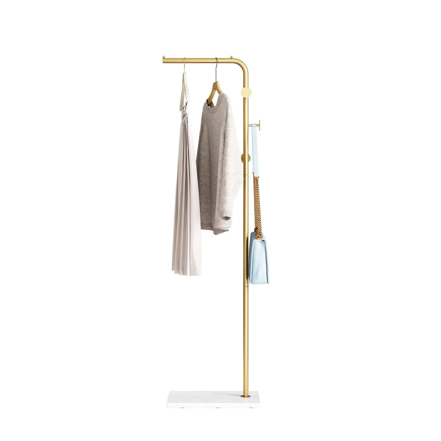 DOORXIFO Gold Coat Rack with White Base, Freestanding Entryway Rack with 3 Hooks, L Shape Home Coat Hanger for Jackets, Hats, Clothes