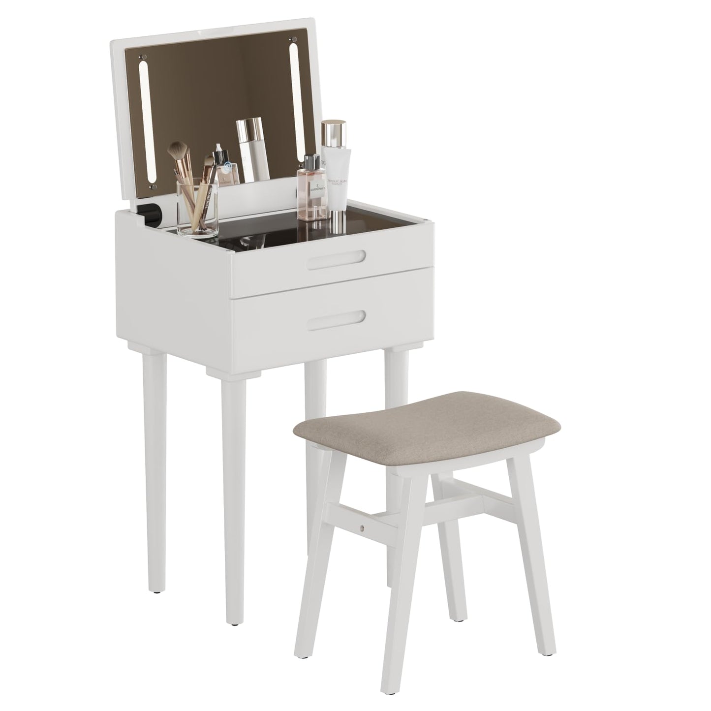 Muwuele Small Vanity Desk and Vanity Stool Bundle, Vanity Set with Mirror and Stool and Lights, Solid Wood Vanity Desk and Chair Set, Makeup Vanities & Vanity Benches (Vanity 19.6 inch Wide, White)