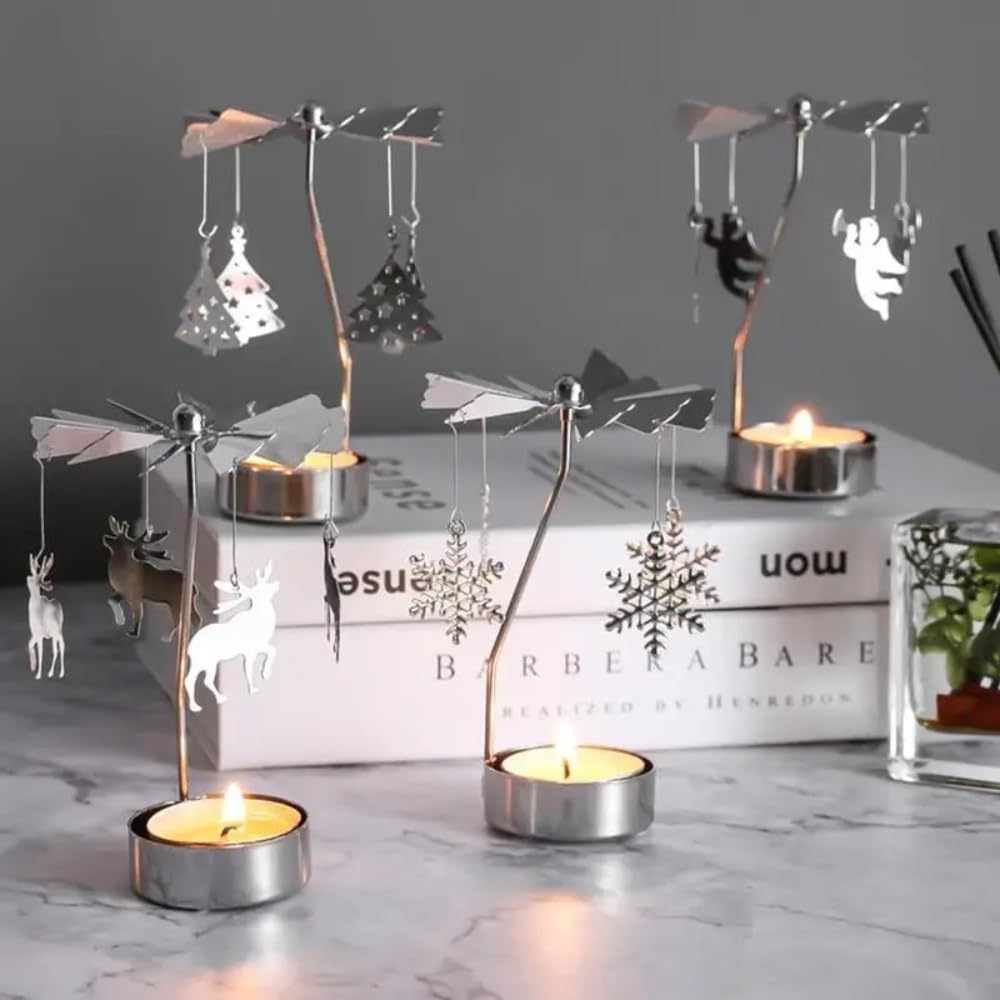Rotating Candle Holder, Romantic Metal Tealight Candlestick Spinner Carousel Candle Tea Light Holder for Christmas Home Decor(Carousel,Silver)