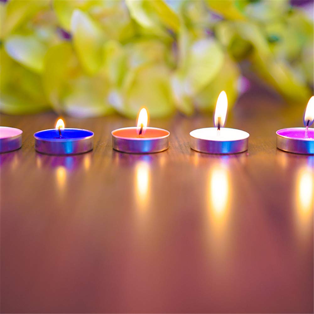 Tea Lights Candles, 50 Pack Flameless Colorful Tealights Holder Variety Relaxing Paraffin Pressed Wax 2 Hours Burn Time for Travel,Centerpiece,Party Gift Happy Birthday New Year Wedding (Yellow)