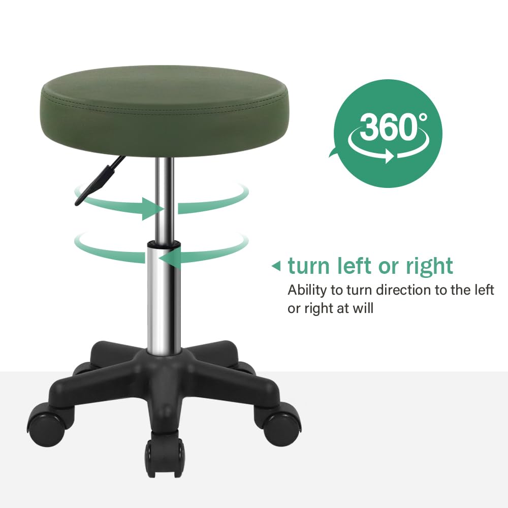FURWOO Round Rolling Stool Height Adjustable Stool with Wheels for Spa Salon Massage Green