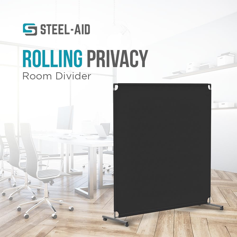 Steel-AID 60-inch Rolling Privacy Room Divider - Freestanding Office Wall Partition with Non See-Through Blackout Screen - Sturdy & Durable Iron Frame - Rolling Wheels - Black, White, Gray & Blue