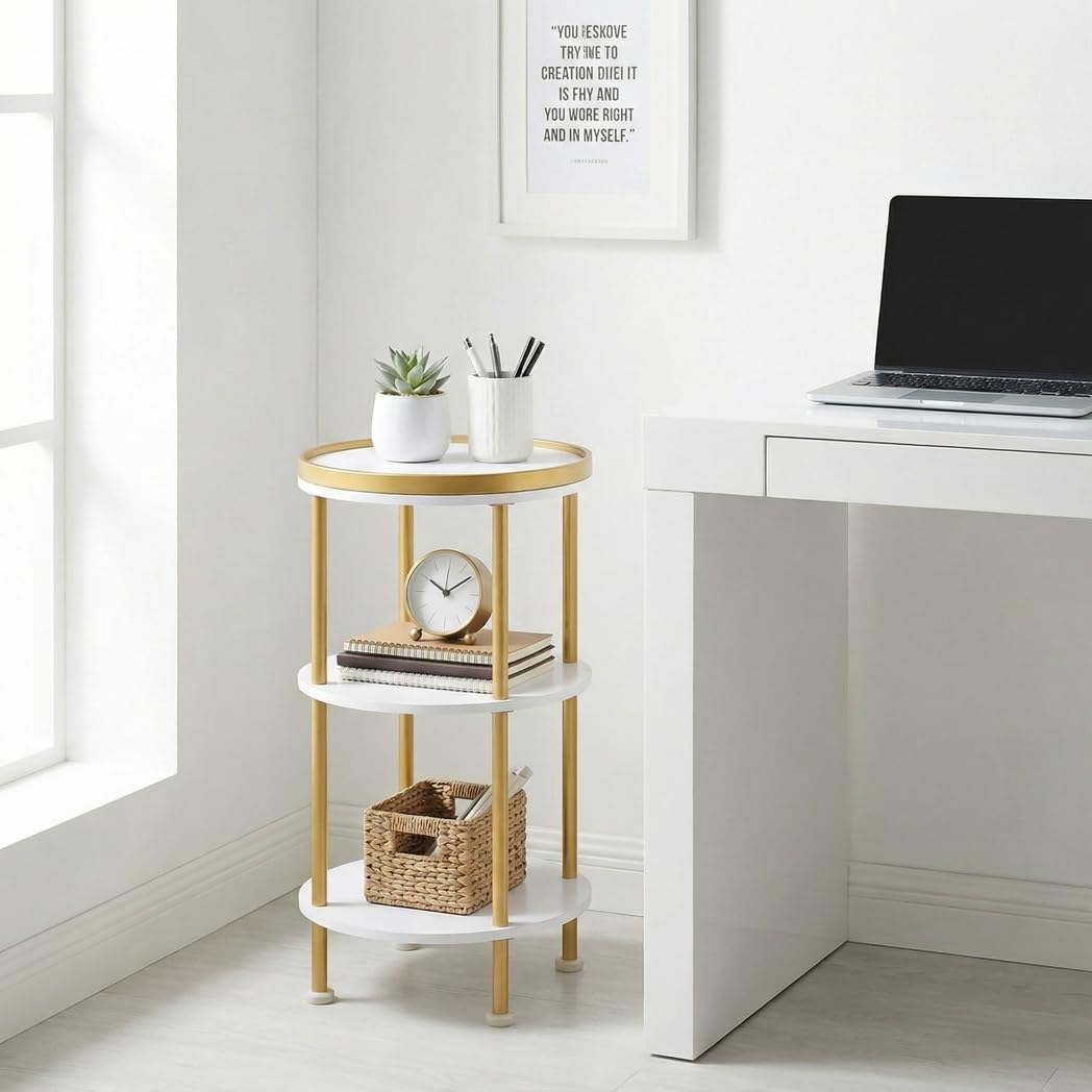Small Round Side Table, Gold Round End Table with White Shelves, 3-Tier Modern Nightstand for Bedroom & Living Room, 21.7" H Narrow Gold Accent Table for Small Spaces, Dorm, Nursery (White & Gold)
