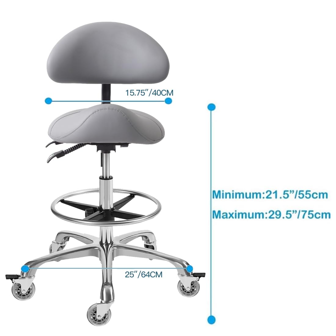 Saddle Stool Chair with Backrest and Footrest- Ergonomic Rolling Saddle Stools Hydraulic Swivel Adjustable Stool Esthetician Chair for Massage Beauty Salon Tattoo Dentist Clinic Home Office (Grey)