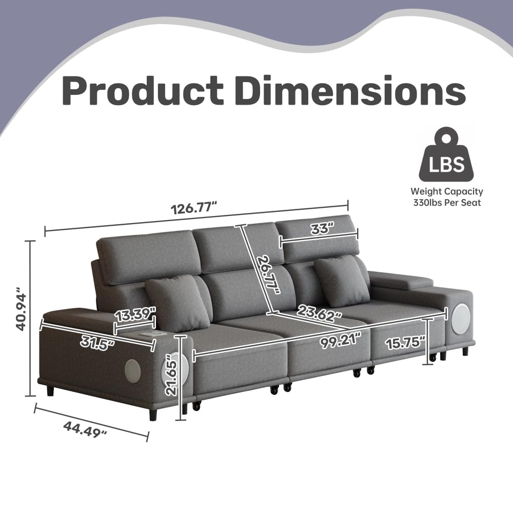 3-Seater Power Recliner Sofa with Remote Control, Bluetooth Speakers & Wireless Charging, Electric Reclining Sectional Couch with 2 Storage Boxes, USB Ports, for Living Room