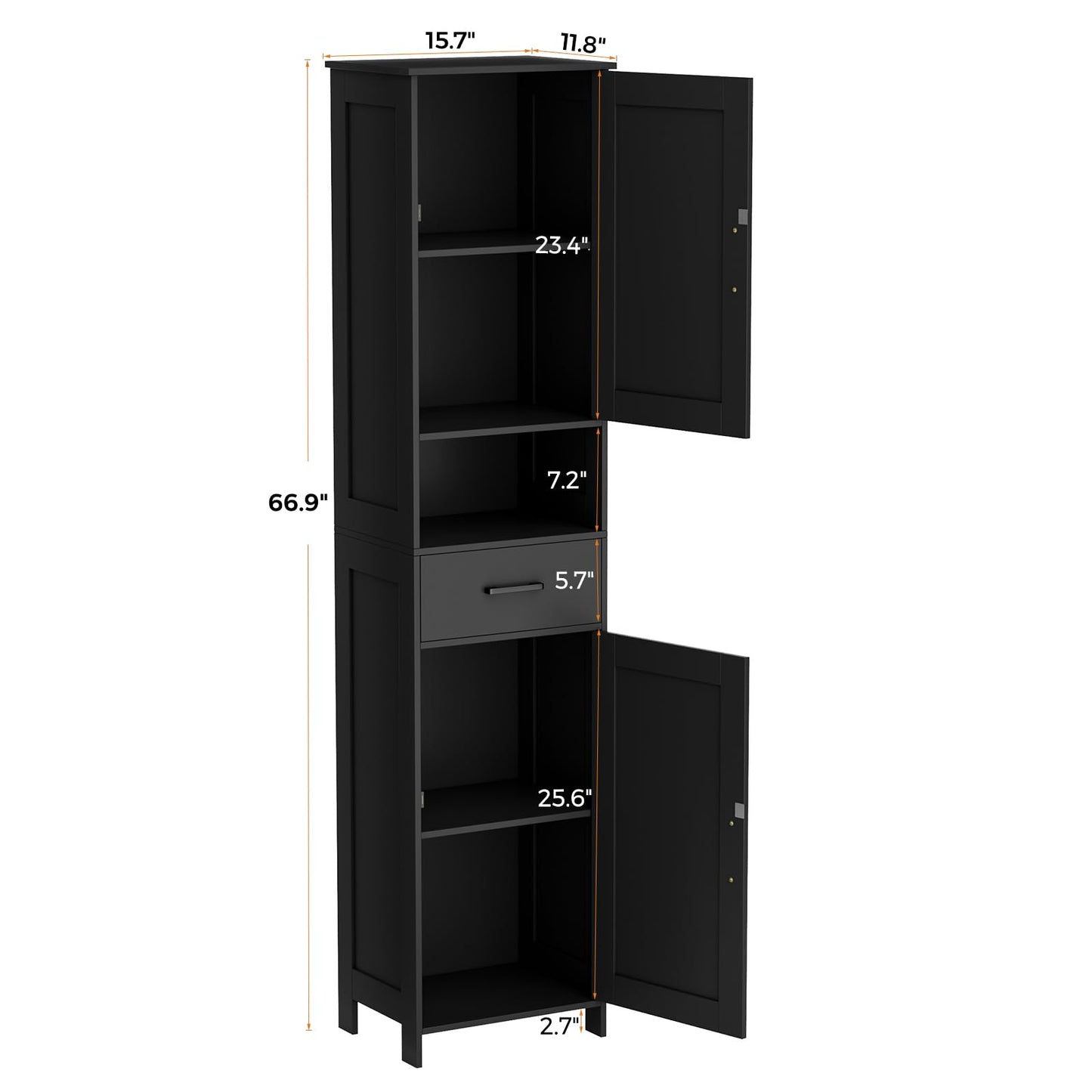 Homhedy 67" H Tall Bathroom Storage Cabinet with 2 Barn Doors and 1 Drawer, Narrow Storage Unit, Adjustable Shelves, Floor Cabinet for Bathroom, Living Room, Entryway, Kitchen, Black, (15.7" W)