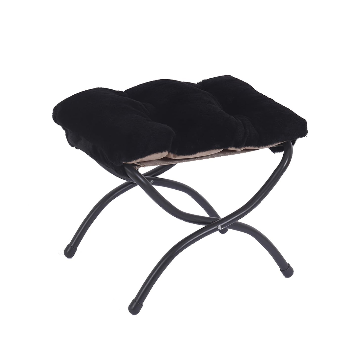 Welnow Folding Foot Stool, Upholstered Small Accent Ottoman with Detachable Thick Cotton Cushion Padded Sofa Stool and Metal Frame for Lazy Chair, Living Room, Bedroom, Plush Black