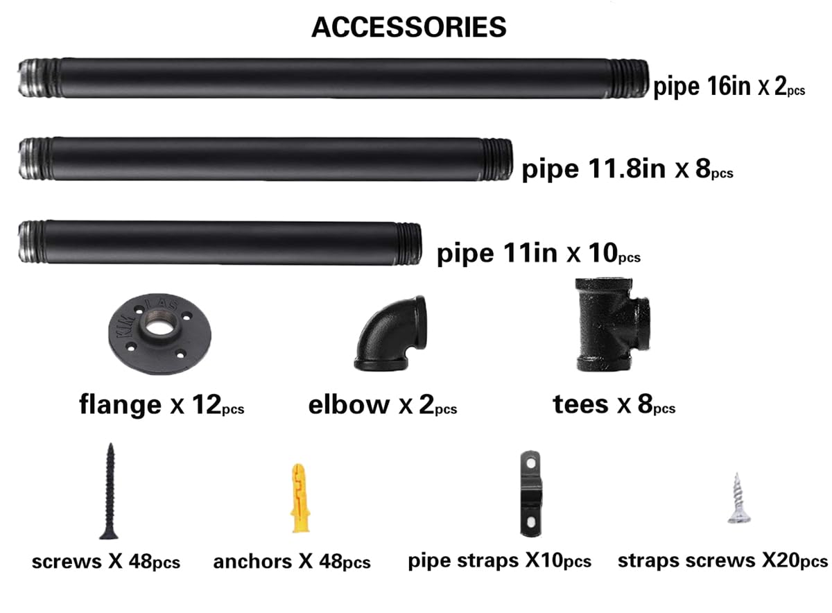 Industrial Wall Mount Iron Pipe Shelf Shelves Shelving Bracket Black Vintage Retro Ceiling Hung Shelf DIY Open Bookshelf Storage for offcie Room Kitchen (2PcsX5Tier,68" Tall,10" deep,Hardware Only)
