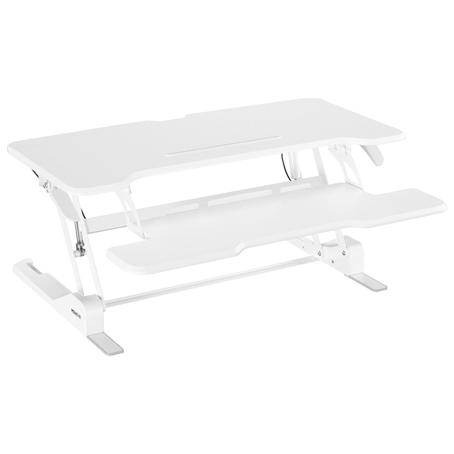 Mount-It! Standing Desk Converter White 38” Wide Height Adjustable Stand Up Desk Riser, Desk Topper with Gas Spring, Desktop Standing Desk with Keyboard Tray Fits Two Monitors
