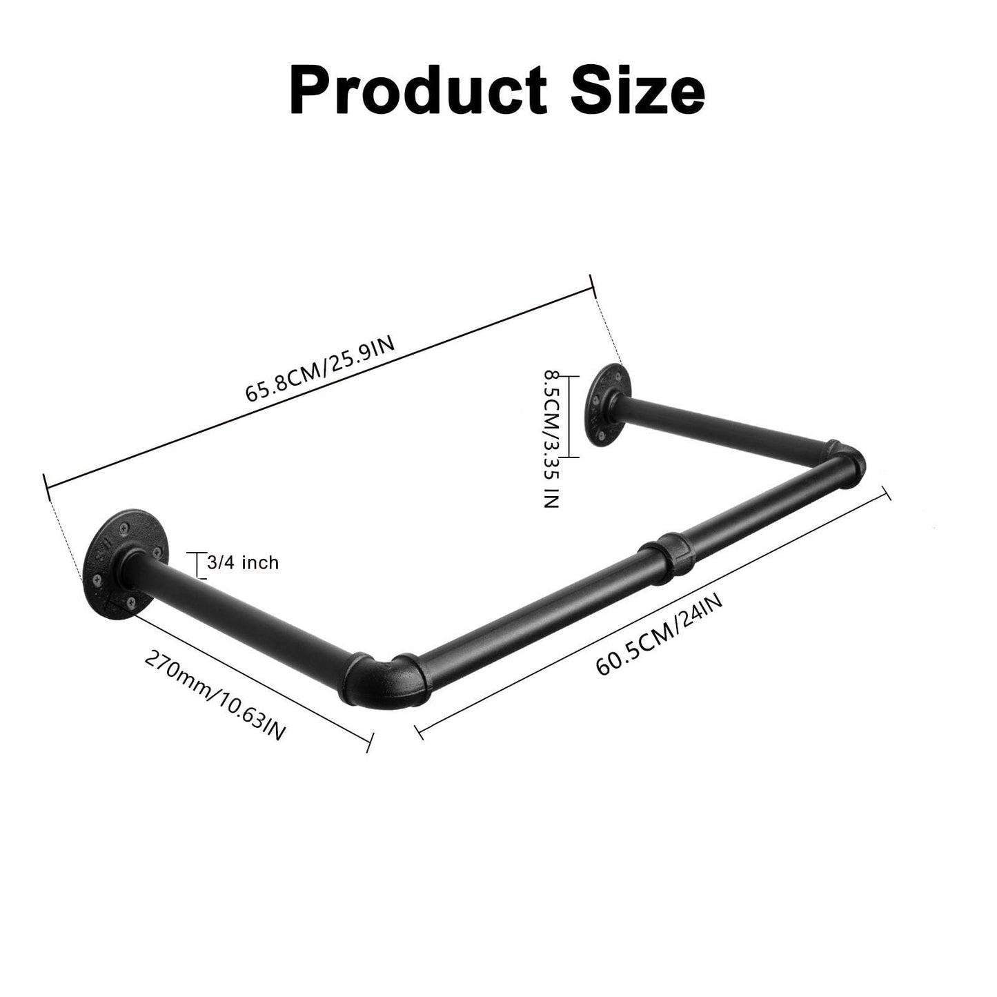 Jeasor Industrial Iron Pipe Clothes Hanging Bar DIY Wall-Mounted Garment Rack Heavy Duty Clothing Rack for Bedroom, Laundry Room, Closet Storage (Black 24 inch)