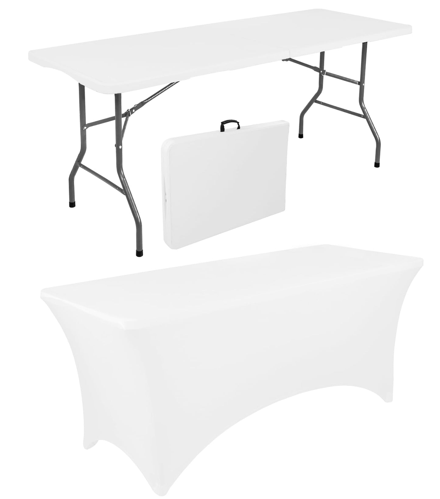 1 Set 6 FT Rectangle Folding Table with Carrying Handle, Lightweight Fold-in-Half Utility Table, with Matching White Stretch Spandex Covers, Ideal for Weddings, Parties, Camping, Banquets, Crafts