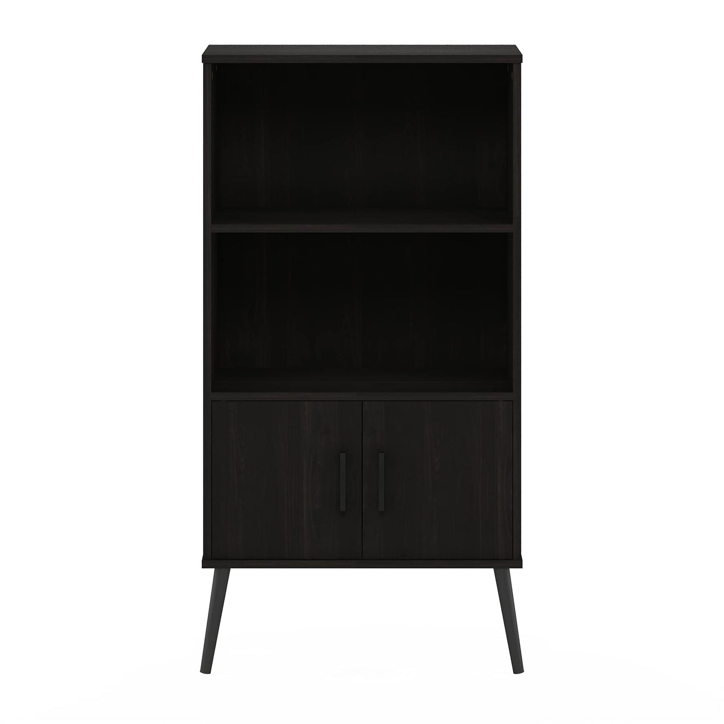 Furinno Claude Mid Century Style Accent Wooden Leg Bookcase Cabinet with Storage Organizer Shelves, Espresso