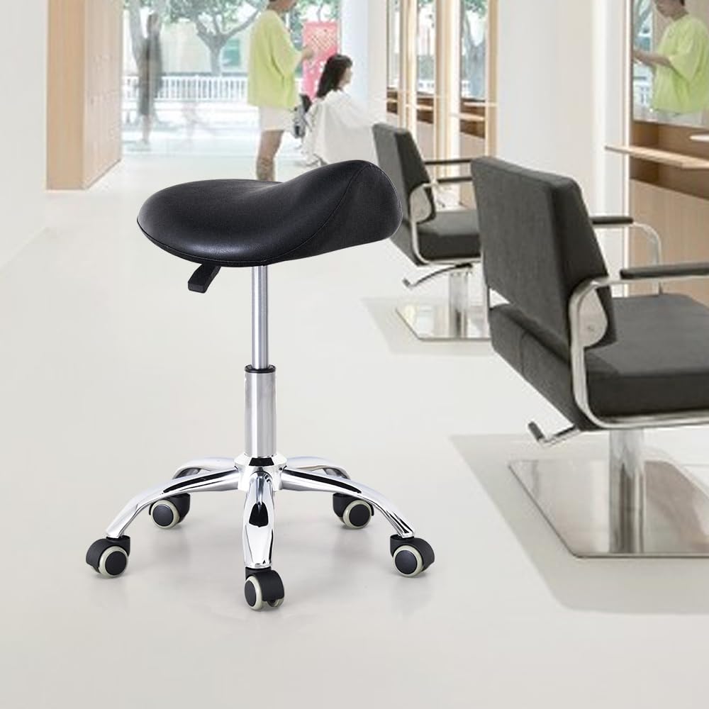 CAISHI Saddle Stool with Wheels, Ergonomic Rolling Height Adjustable Chair for Medical Clinic Dental Tattoo Hair Stylist Salon Facial Nail Artist Spa, Swivel Pu Leather Stool,Black
