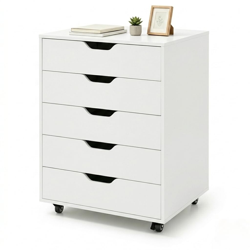 Giantex 5-Drawer Vertical File Cabinet, Mobile Office Storage Cabinet with Drawers, Large Capacity, 2 Lockable Casters and Universal Wheels, Under Desk Side Printer Stand Rolling File Cabinet (White)