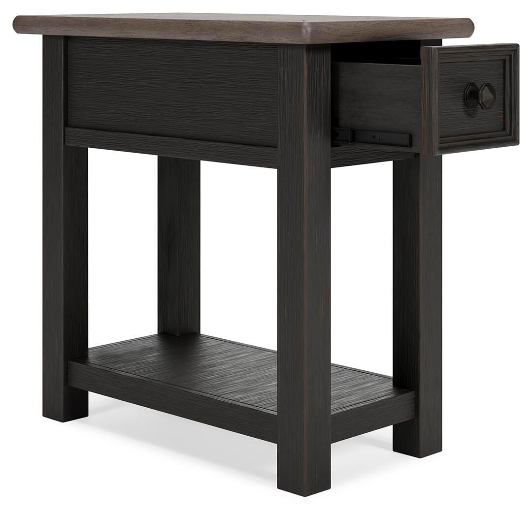 Signature Design by Ashley Narrow Side Table with Charging Station, Tyler Creek Chairside End Table, Wood, Smooth-Gliding Storage Drawer, Living Room Furniture, Grayish Brown/Black