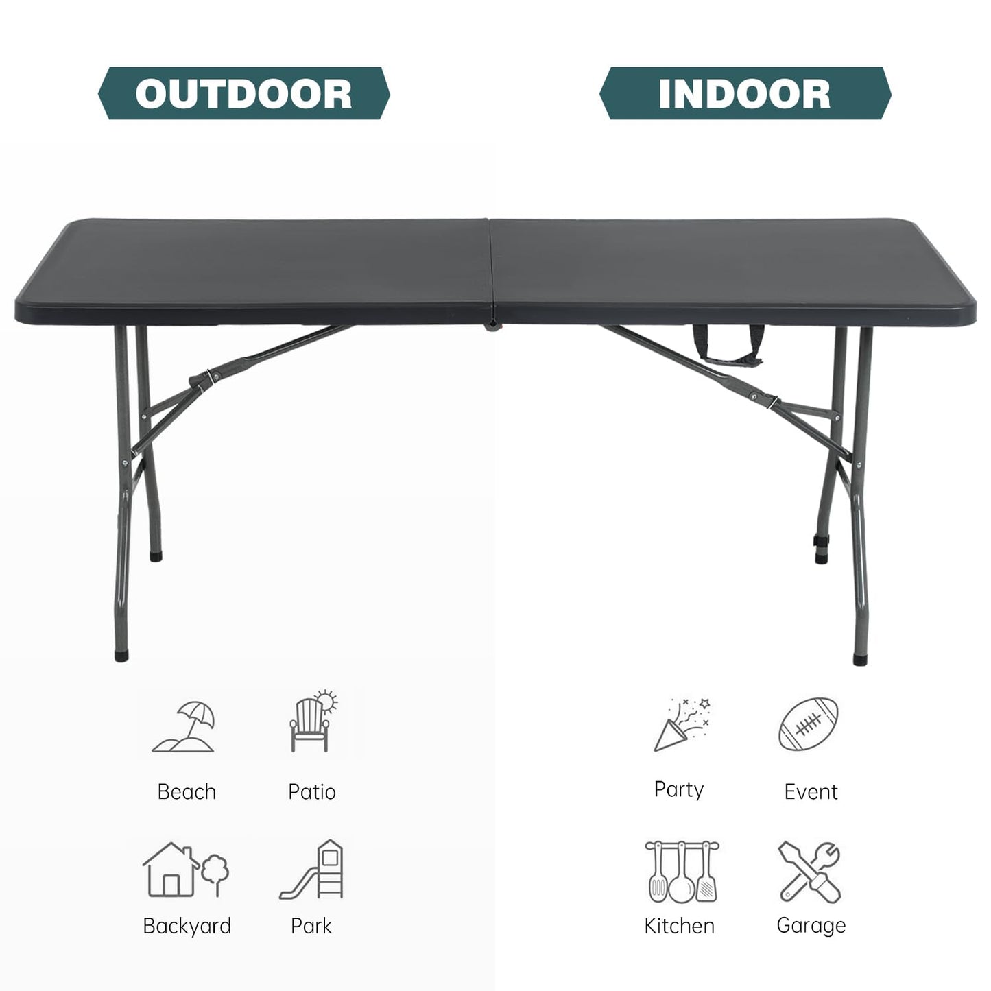 FDW 6 Foot Outdoor Dining Table, Foldable Portable Rectangular Plastic Folding Table with Built in Carrying Handle for Party and Wedding Use, Black