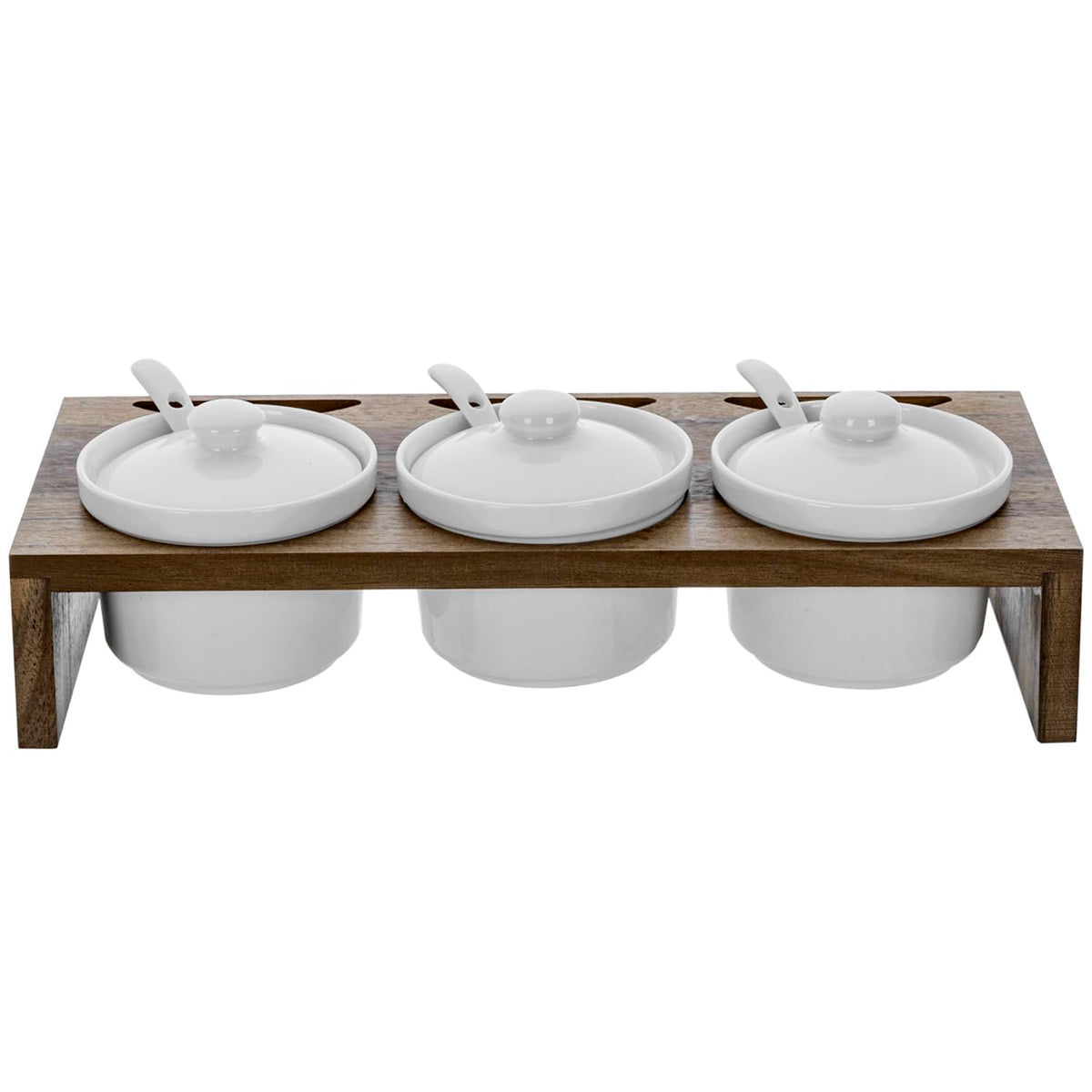 MyGift 10 Pcs Condiment Pot Serving Dish Set, Hosting Essentials, Premium Acacia Solid Wood Raised Display Server Tray and 3 Ceramic Ramekin Dip Bowls with Lids and Spoons