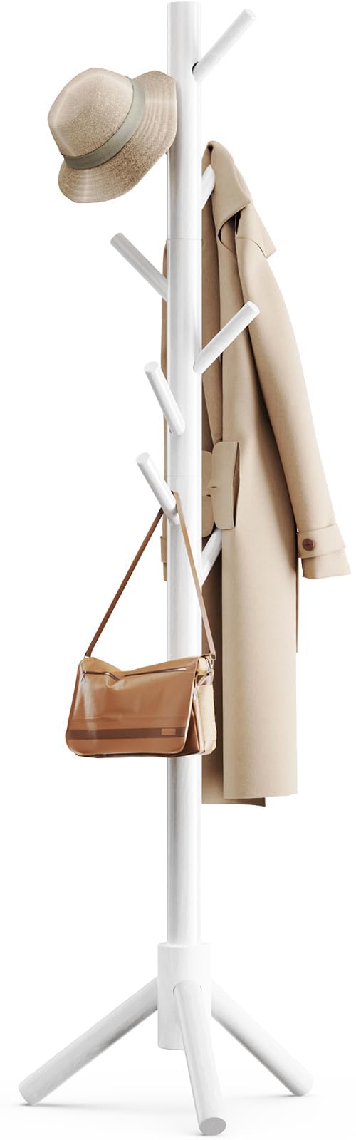 Pipishell Solid Wooden Coat Rack Freestanding, Hall Tree with 8 Hooks, 3 Height Options for Coats, Hats, Handbags, and Scarves, Tool-Free Assembly, Space Saving Design for Entryway, Office, Bedroom