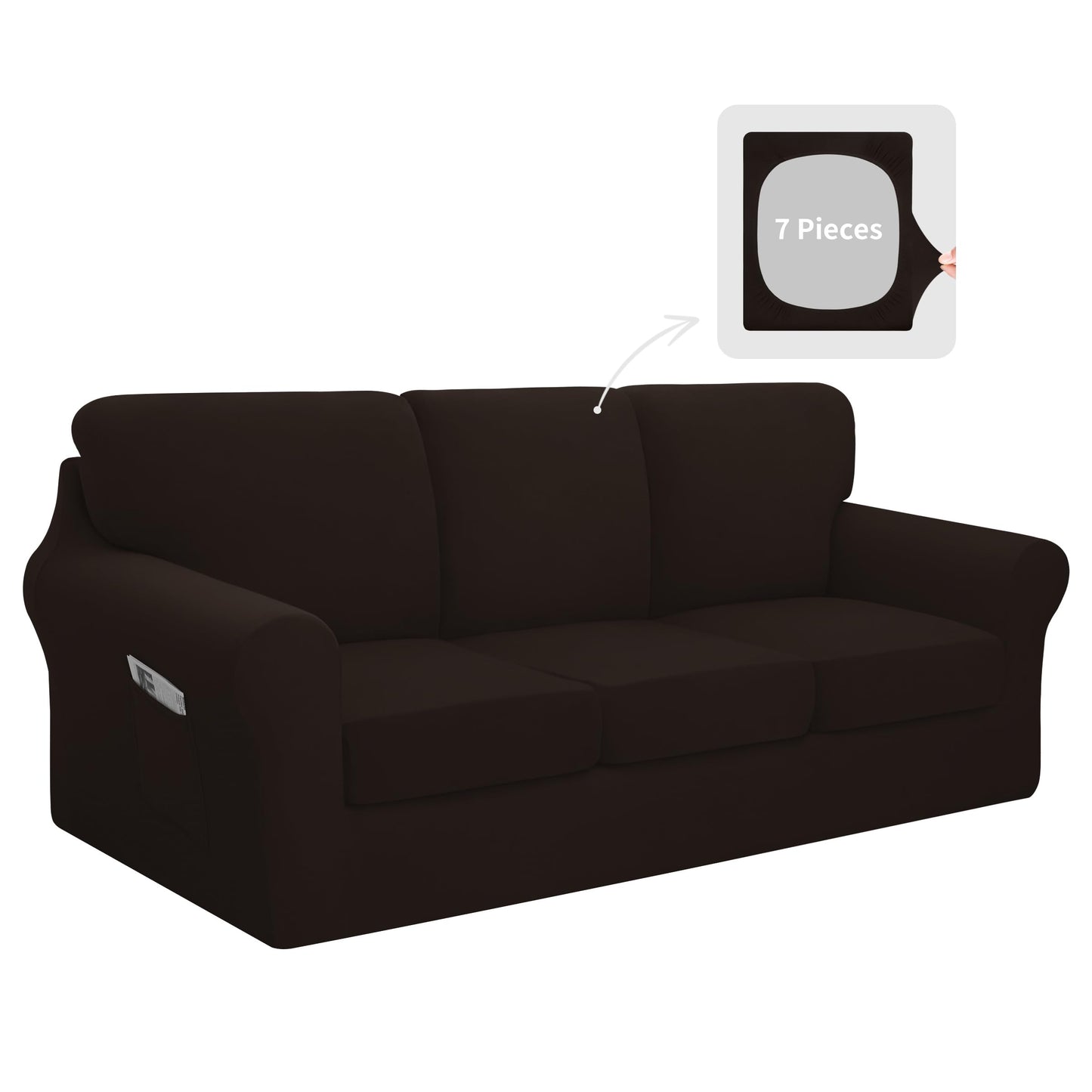 Easy-Going 7 Pieces Stretch Couch Cover Washable Sofa Cover Set for 3 Backrest and Seat Cushion Couch Anti-Slip Sofa Slipcover Furniture Protector with Elastic Bottom (Large, Chocolate)