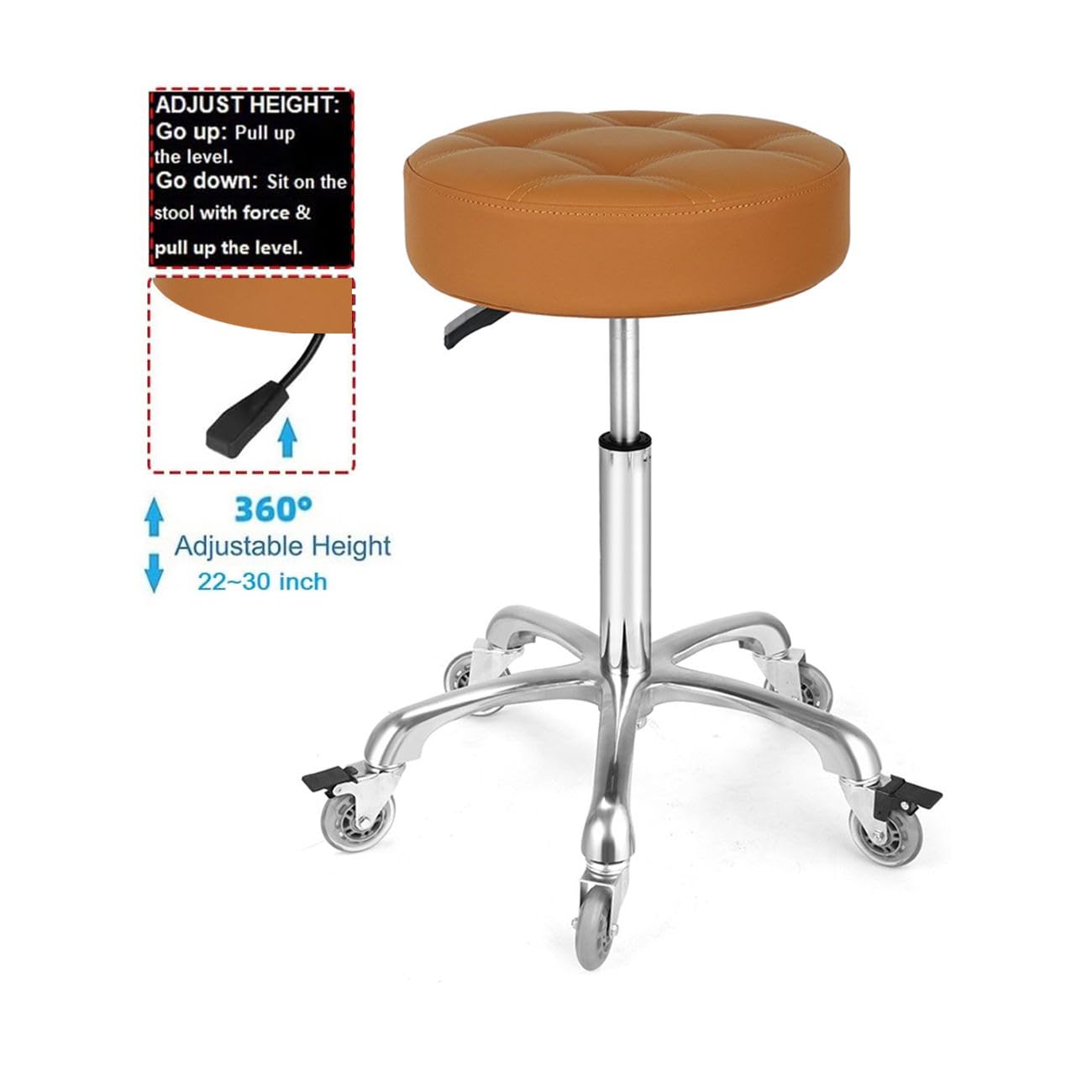 McDooFly Adjustable Heavy Duty Stool - Rolling Stools with Locking Caster Wheels - Swivel Stools Backless Chair for Home Kitchen Office Shop Tattoo Lash Tech Pedicure (Camel, Height 22 to 30 in)