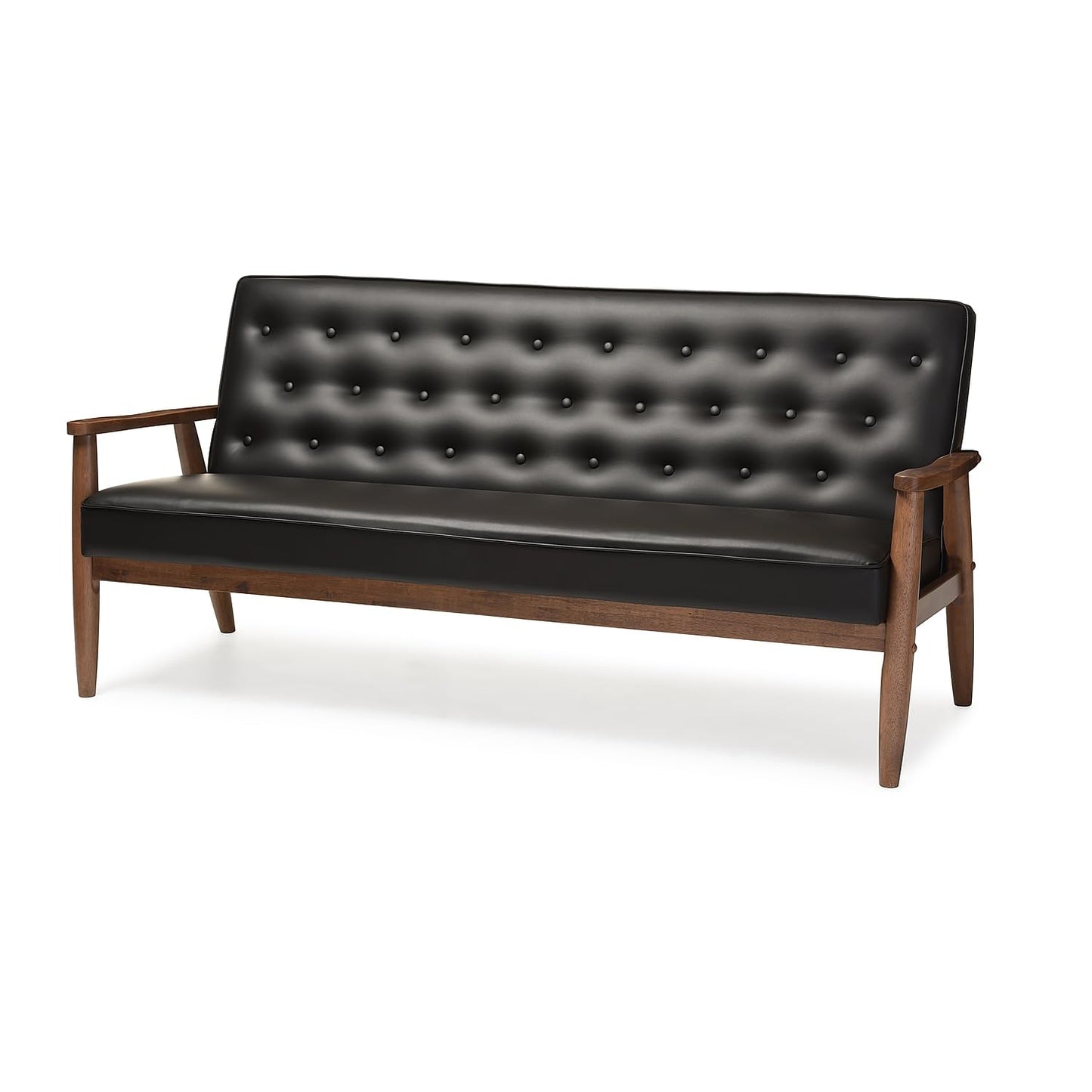 Baxton Studio Sorrento Mid-Century Retro Modern Faux Leather Upholstered Wooden 3-Seater Sofa, Black