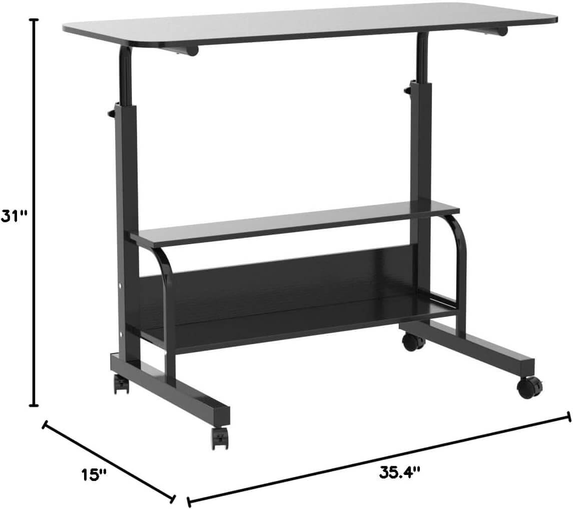 Fawabriyj Adjustable Laptop Standing Desk - Mobile Rolling Computer Workstation for Small Spaces, Portable Home Office Desk with Storage Black