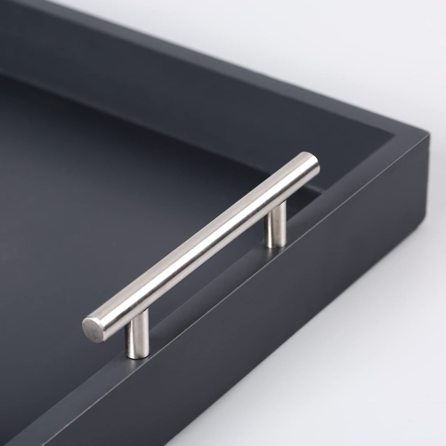 Juleduo Serving Tray 16.5“X 13“Deluxe Wooden Ottoman Tray for Coffee Table with Polished Silver Metal Handles and 4 Coasters, Living Room Bathroom Coffee Bar Organizer Modern Decorative Black