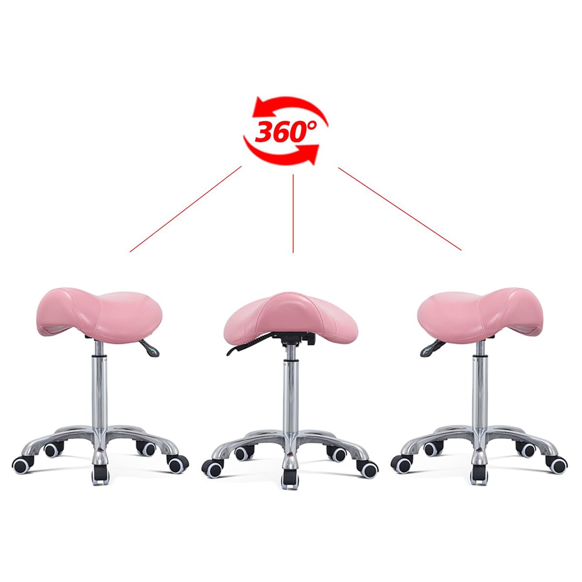 Antlu Saddle Stool Rolling Chair for Massage Clinic Spa Salon Cutting, Saddle Rolling Stool with Wheels Adjustable Height (Pink)