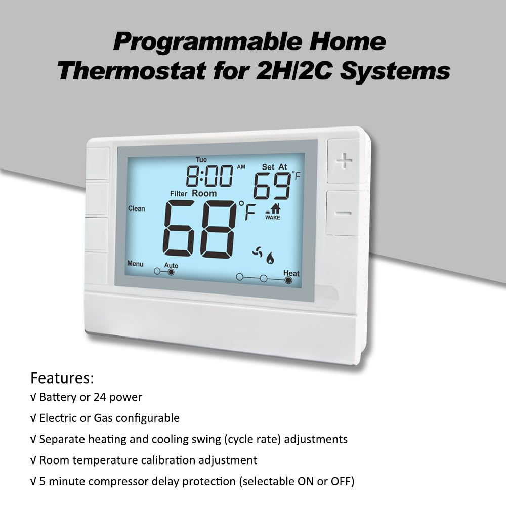 Programmable Thermostat, Thermostat for Home HVAC Systems,Multi-Stage, 2 Heat/2 Cool, White Backlight