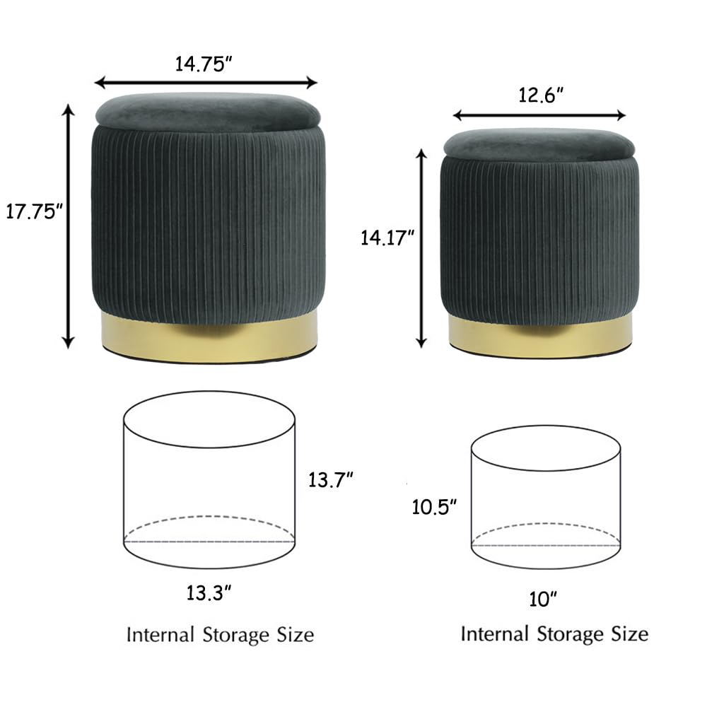2BYF Round Ottoman with Storage Set of 2 Upholstered Velvet Vanity Stool Small Ottoman Coffee Table, Foot Stool, Removable Lid, for Living Room, Bedroom, Hallway, Easy Assembly (Gray)