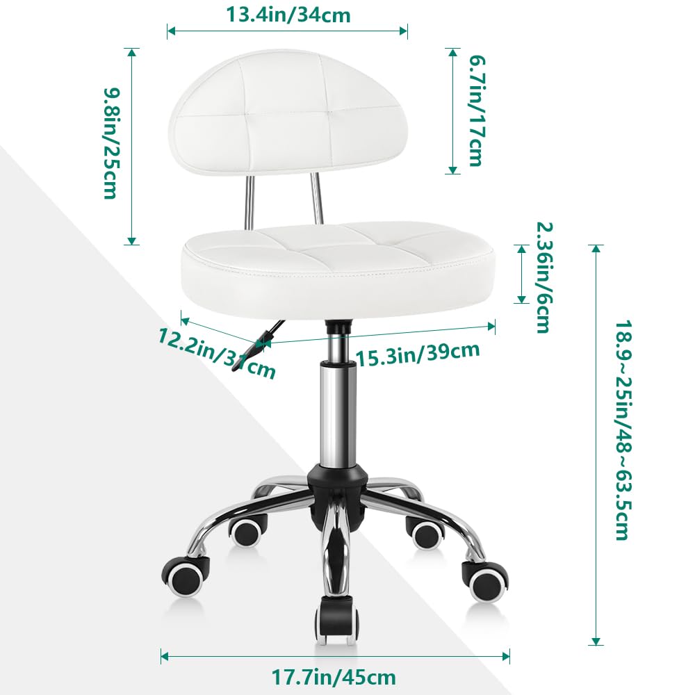 BFTOU Square Minimalist Swivel Stool with Wheel for Work SPA Shop Massage Height-Adjustable and Cost-Effective Rolling Stool Chair with Back White