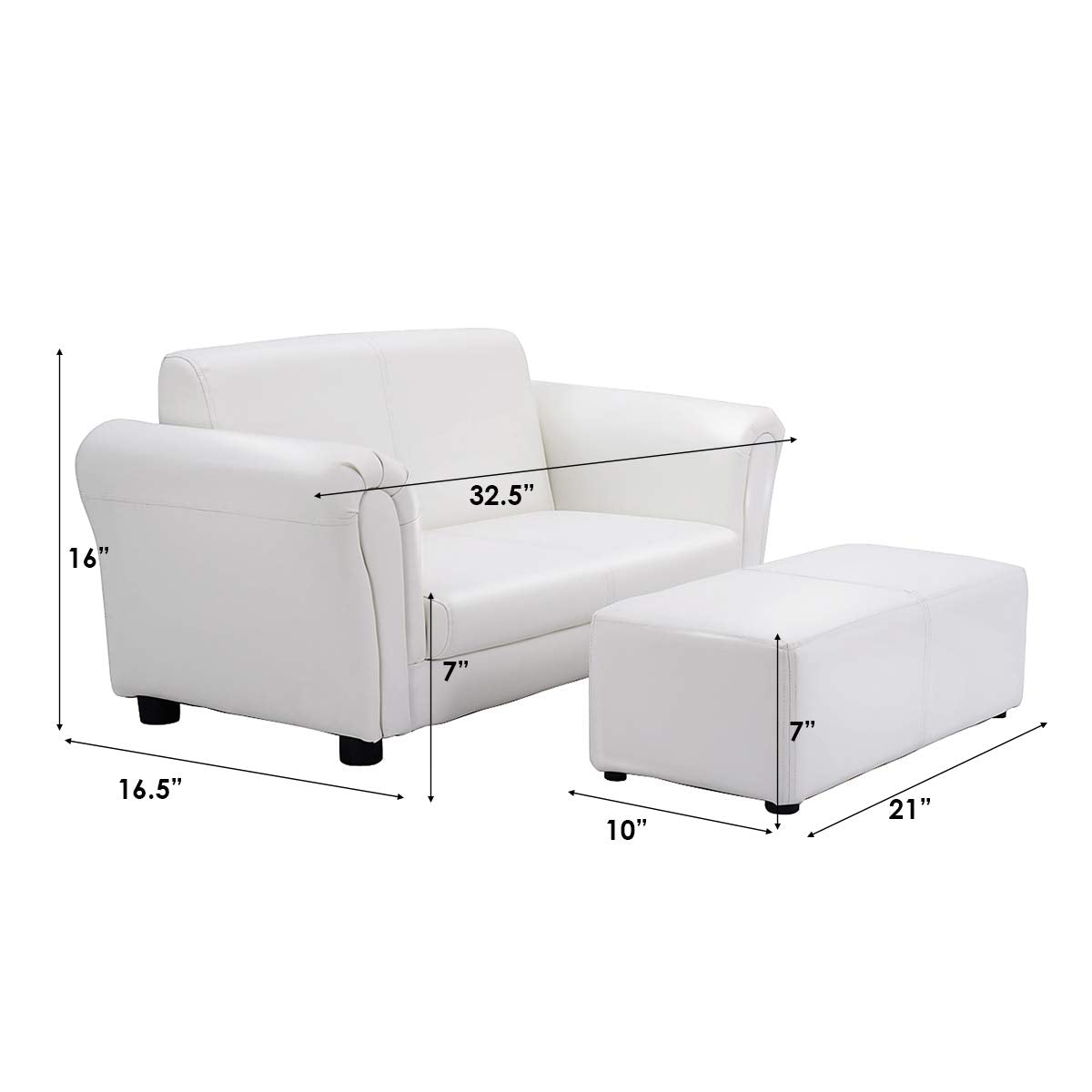 Costzon Kids Couch with Footstool, 2 in 1 Double Seat Children's Sofa w/PU Leather Surface, Armrest Chair Lounge, Soft Sofa for Preschool Bedroom Kids Room Toddlers Boys Girls Birthday (White)