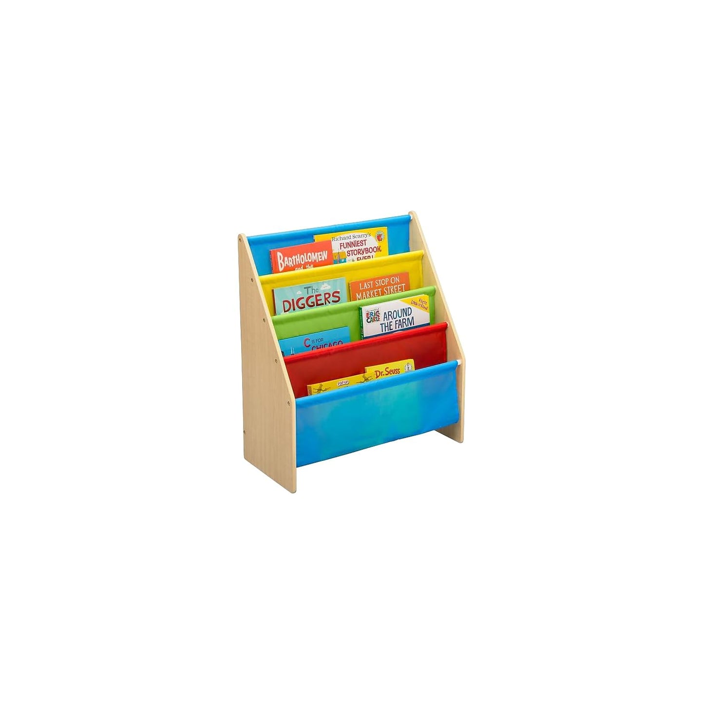 Delta Children Sling Book Rack Bookshelf, 4-Tier Wooden Shelf with Soft Fabric Pockets, Ideal for Playroom, Living Room, Basement, or Bedroom